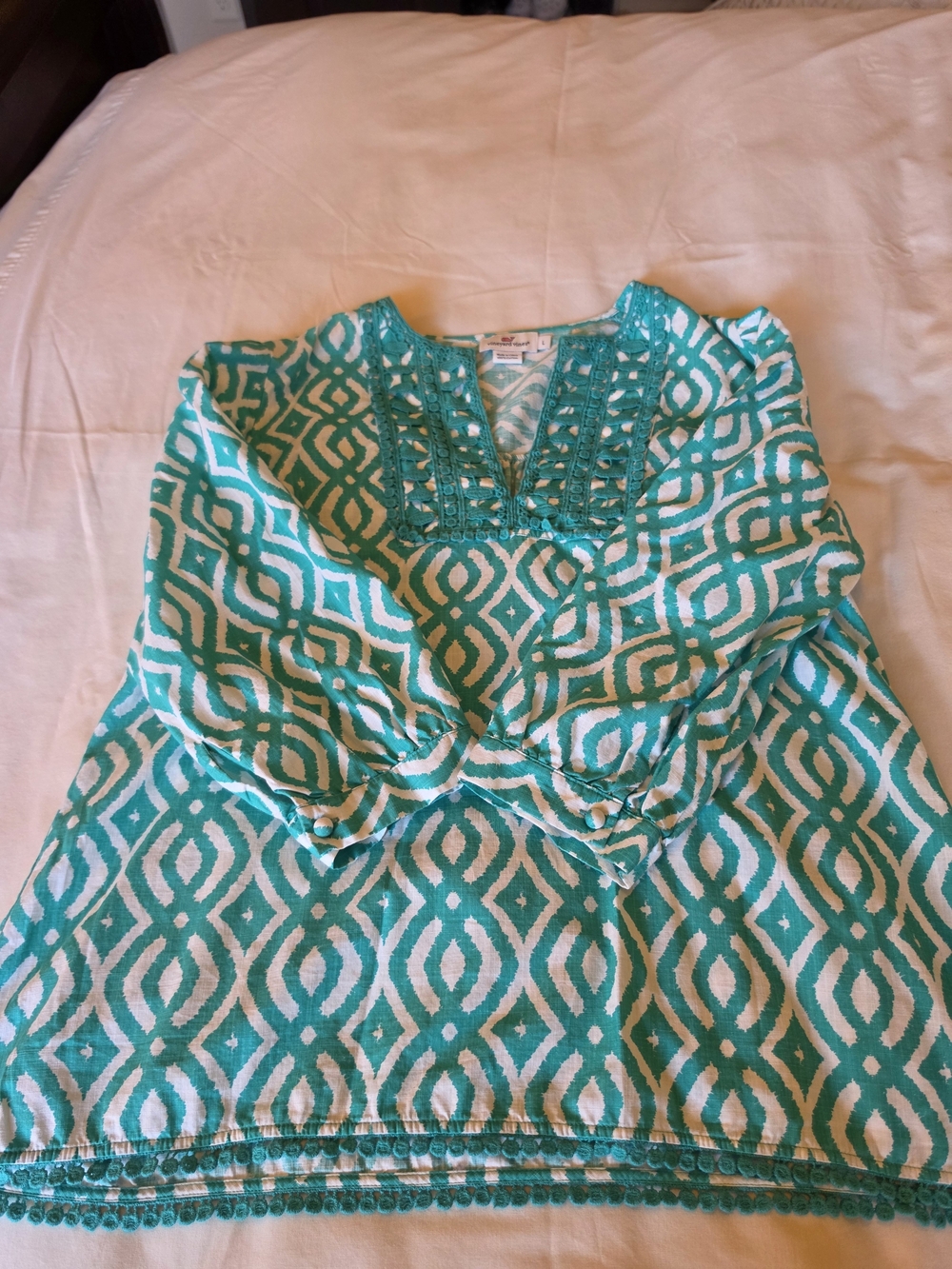 Vineyard Vines Teal and White Geo-Print Tunic with Embroidered Yoke